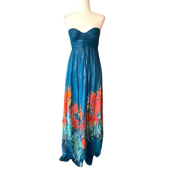 Vintage Aqua Silk Blend Fairycore Strapless Maxi Dress Floral Boho Goddess Sz 6 - Picture 9 of 16